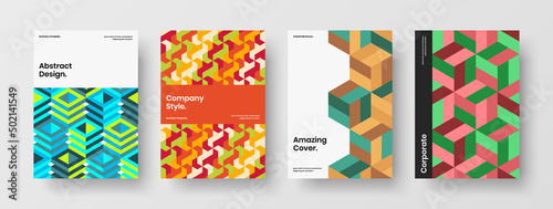 Modern mosaic hexagons flyer template set. Simple corporate brochure vector design layout collection.