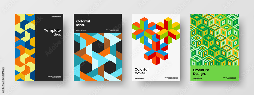 Modern geometric pattern flyer illustration composition. Multicolored annual report design vector template bundle.
