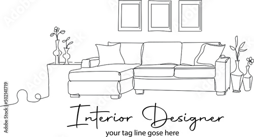 Outline sketch drawing of Indian Interior Designer room and furniture, Line art illustration of room decoration designer