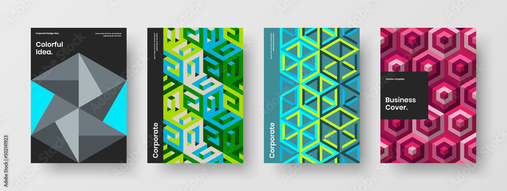 Amazing geometric hexagons leaflet template bundle. Unique poster A4 vector design illustration collection.
