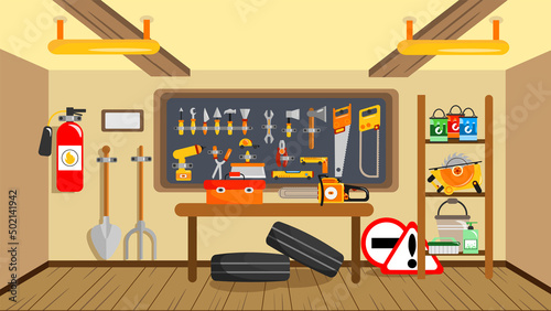 Vector illustration of a beautiful garage. Cartoon garage with tool board, fire extinguisher, electric saws, car tires and signs.