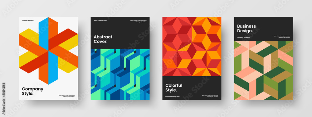 Unique geometric shapes placard layout composition. Amazing book cover A4 vector design template set.