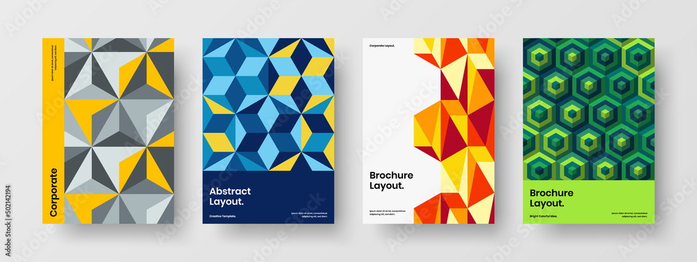 Clean geometric tiles flyer template collection. Multicolored postcard vector design concept set.