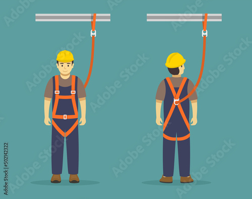 Isolated construction worker wearing safety harness. Using personal protective equipment to protect against a fall. Flat vector illustration template. photo
