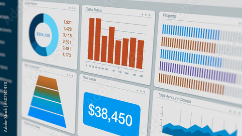 close-up of a computer monitor, dashboard view of an ERP software enterprise resource planning, or a CRM software customer relationship management, charts, data and reports, graphic interface (3d rend