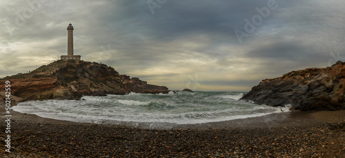Cabo de Palos lighthouse at sunset, in Cartagena.