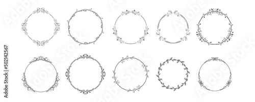 Set Black Simple Line Collection Doodle Round Floral Frame Leaves Elements Vector Design Style Sketch Isolated Illustration For Banner