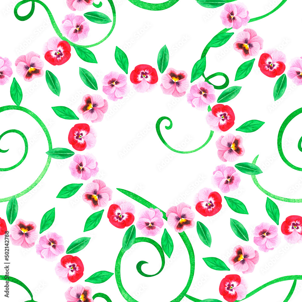 Fototapeta premium Violet wreath seamless pattern. Pansies. Watercolor illustration. Isolated on a white background.