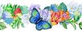 Seamless floral border with blue butterfly and freesia on white background