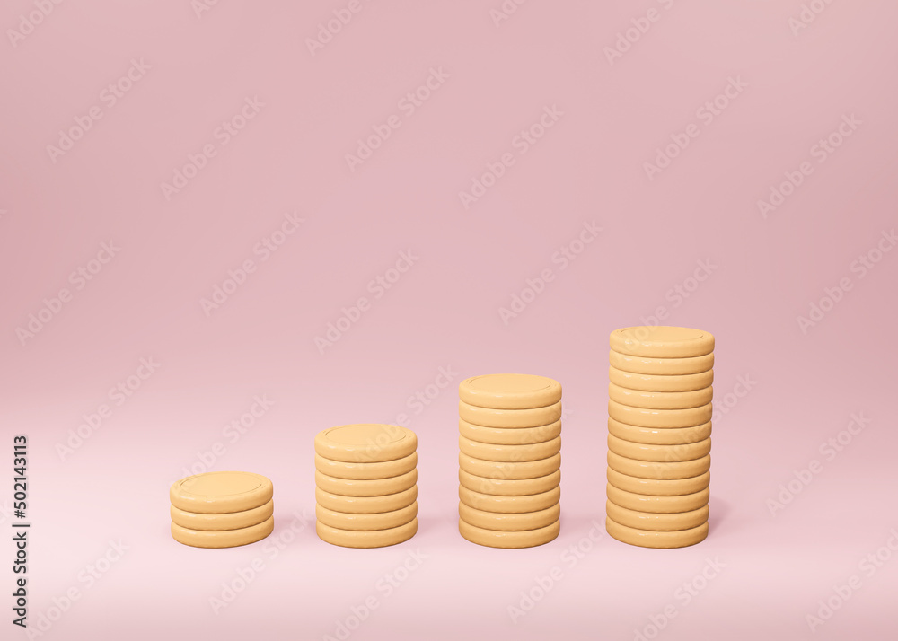 Minimal Coin stacks growing graph on pink background. Business investment and saving money concept. 3d render. Minimal Coin stacks growing graph on pink background. Business investment and saving money concept. 3d render.