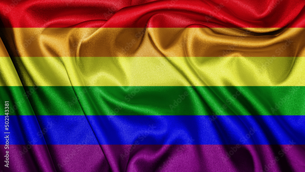 Fototapeta premium Close up realistic texture fabric rainbow textile silk satin flag of LGBT Pride waving fluttering background. Lesbian, gay, bisexual, transgender organization community symbol colors 