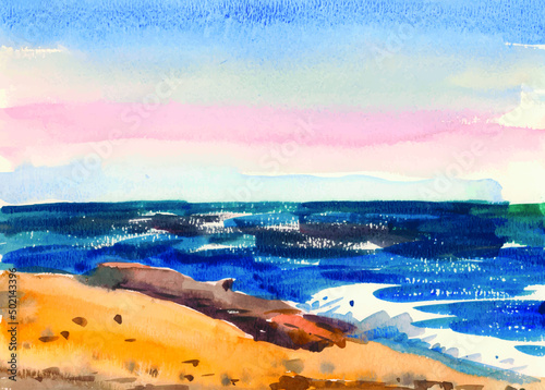 Deserted sandy beach watercolor seascape