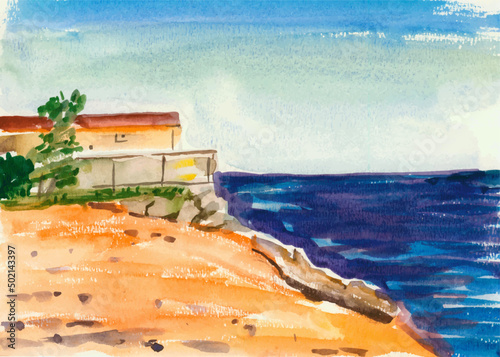 Abandoned building on the seashore watercolor illustration