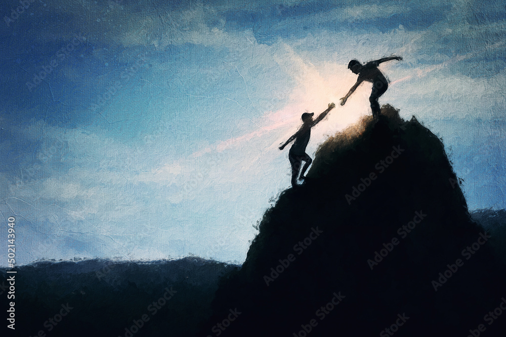 Conceptual painting with two friends climbing a mountain together, helping each other to reach the top peak. Climbers silhouettes hiking on a cliff. Friendship concept, inspirational teamwork scene
