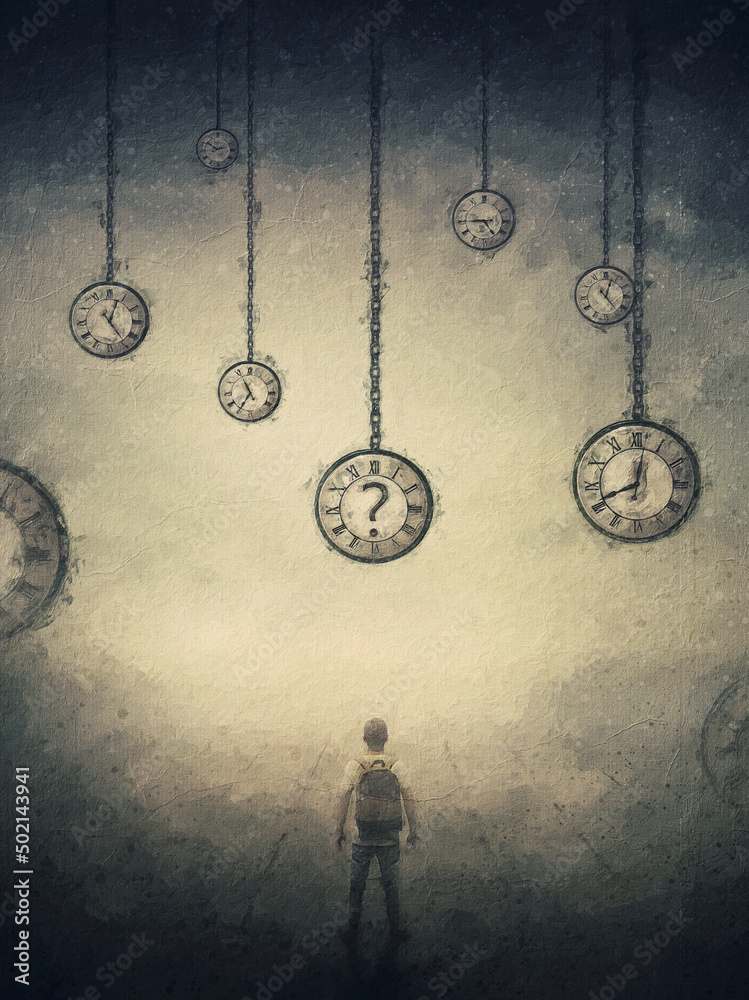 Person lost in time conceptual painting. Surreal scene with a man perplexed  among multiple clocks hanging down and showing different hours  Stock-Illustration | Adobe Stock