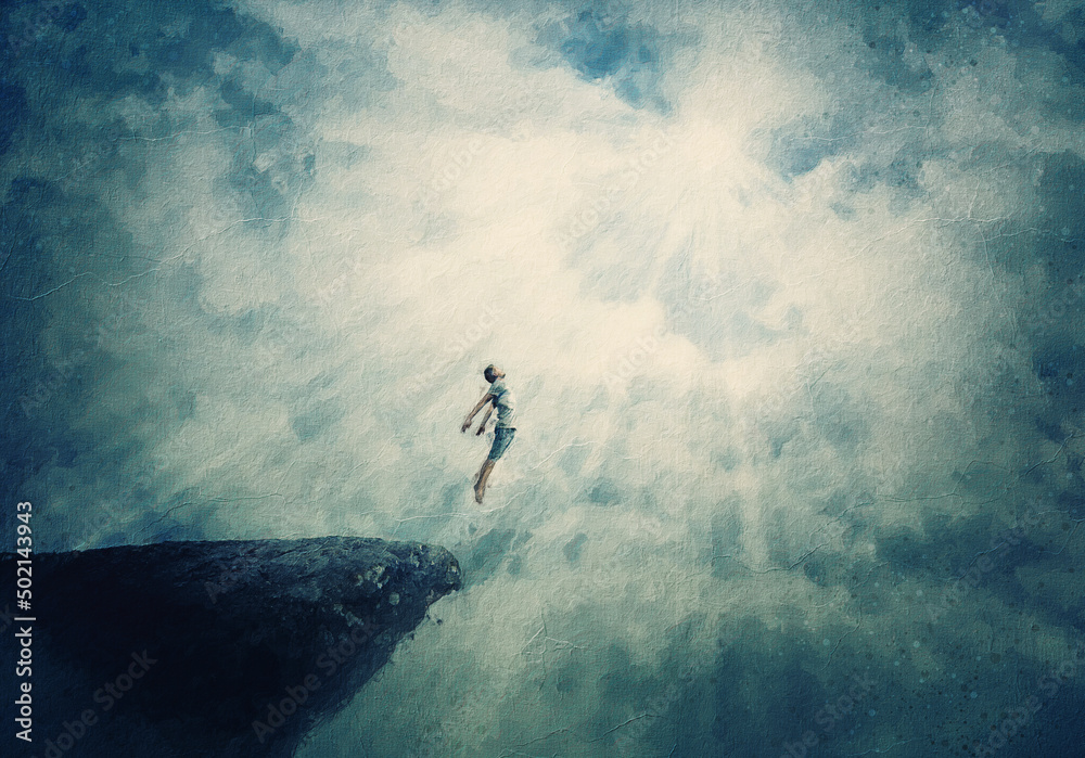 Beautiful painting with a person jumping off a cliff into the clouds.  Surreal scene of a boy flying to the light, freedom concept. Mysterious  astral levitation and unconscious psychokinesis rapture Stock-Illustration