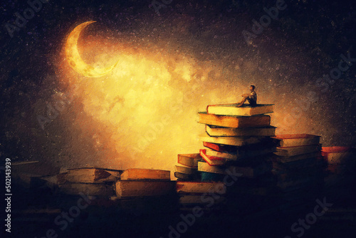 Fototapeta Naklejka Na Ścianę i Meble -  Wonderful painting with a boy sitting on a stack of books under the starry night sky looking a the marvelous crescent moon. Magic dreamland adventure scene. The reader diving into fable worlds