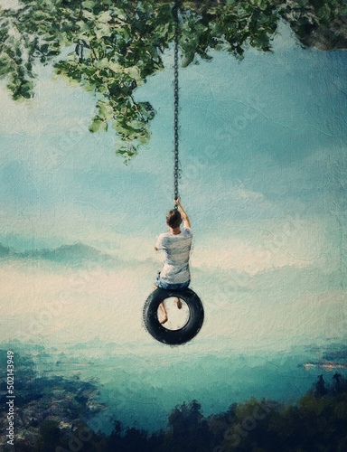 Beautiful painting of a boy swaying on a tire swing with a wonderful scenic view from above the town. Adventure and freedom concept, vacation escapade memories, relaxation and happiness