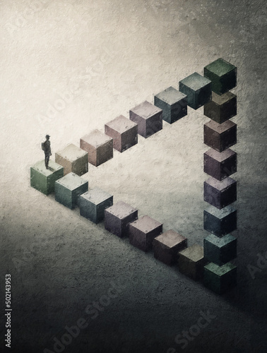 Bild auf Leinwand Surreal painting illusion of a man lost on a impossible triangle figure