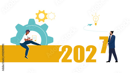 People are planning business content for the 2027 new year. Businessman signs a contract. Teamwork, movement, gears, idea. Infographics, presentation. Vector illustration, green and yellow flat design