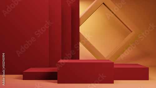3D rendering of red podium with golden light background. Beautiful red stage with golden background. Red stage with golden luxury background.