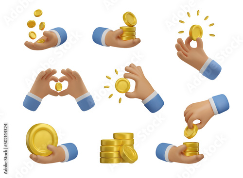 3d money emoji set. Icon hand holding coins. Realistic vector render emoticon. Transfer concept, golden coin stack design elements isolated on white background