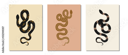 Set of hand drawn snakes in boho, aztec style. Modern, trendy colors, minimalism art.