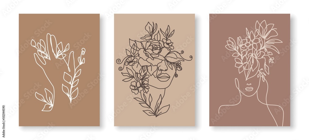 Woman Face and Hand with Flowers Continuous Line Drawing Prints Set. Woman with Flowers One Line Abstract Portrait. Female Faces Minimalist Contour Drawing. Vector EPS 10.
