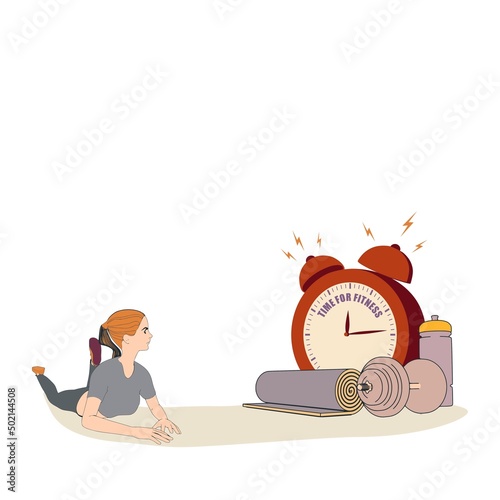 Sport fashion young woman wearing casual workout clothes. Gym training and home exercising and fitness equipment. Dumbbell, yoga mat and bottle. Alarm clock with time for fitness inscription