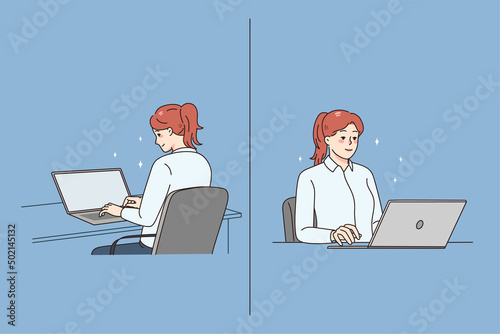 Smiling young female employee sit at desk work on computer. Woman worker use laptop for online job at workplace. Front and back view. Employment concept. Vector illustration. 
