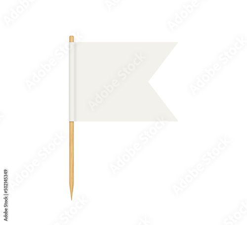 Toothpick flag. Blank flag on wooden stick. Wood toothpick with white paper banner for food and cocktail decoration. Double edge of pennant. Realistic 3d vector isolated on white background.