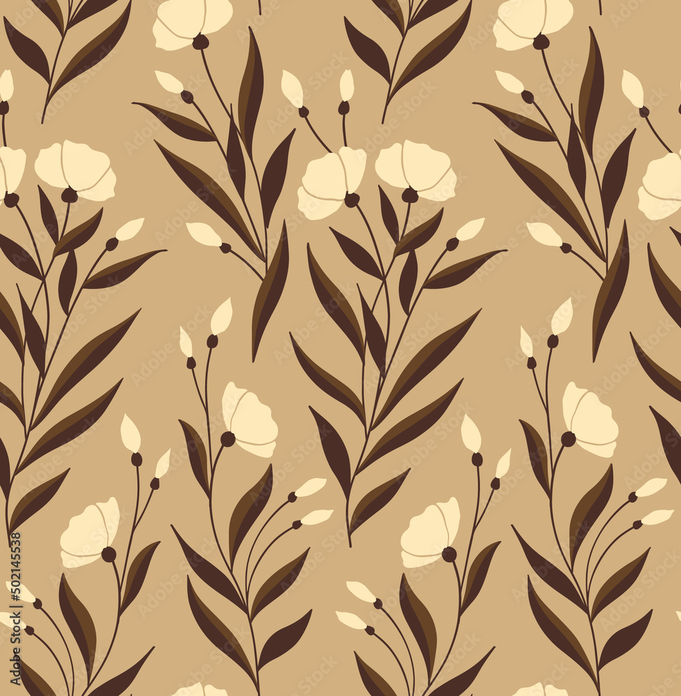 Delicate vintage print with a simple floral composition. Seamless pattern, feminine botanical background with flowers, twigs, large leaves on a light beige surface. Vector illustration.