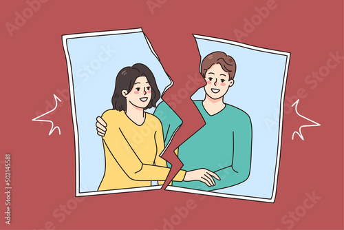 Torn picture of smiling couple show end of romantic relationship. Concept of breakup and divorce. Marriage dissolution and separation. Ex-couple relation photography. Vector illustration. 
