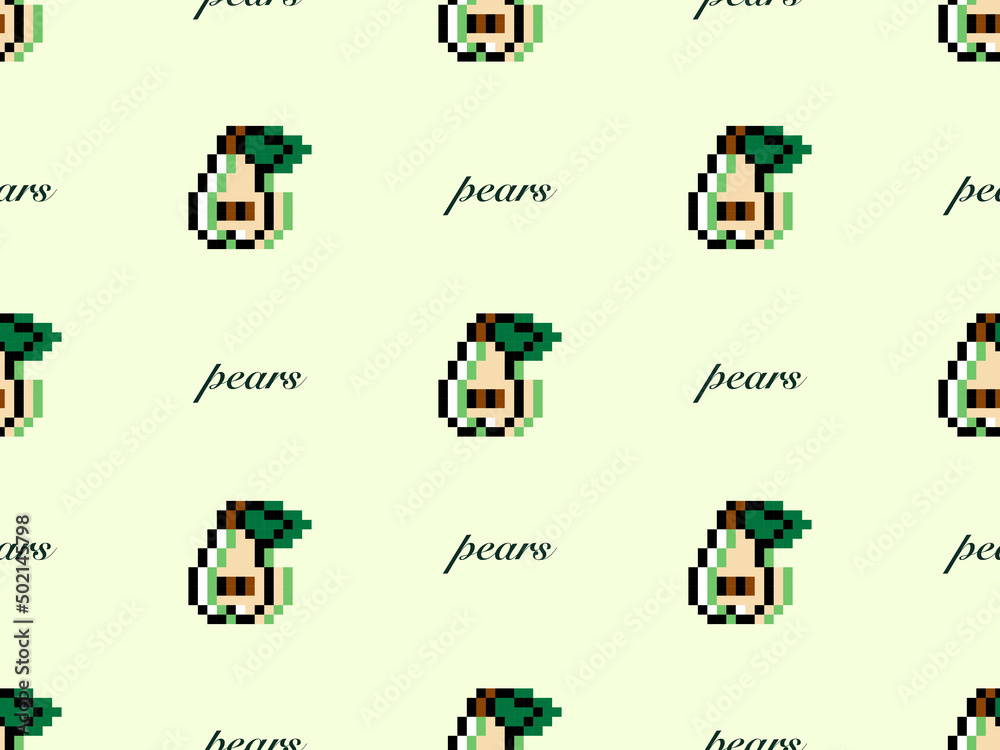 Pear cartoon character seamless pattern on green background.