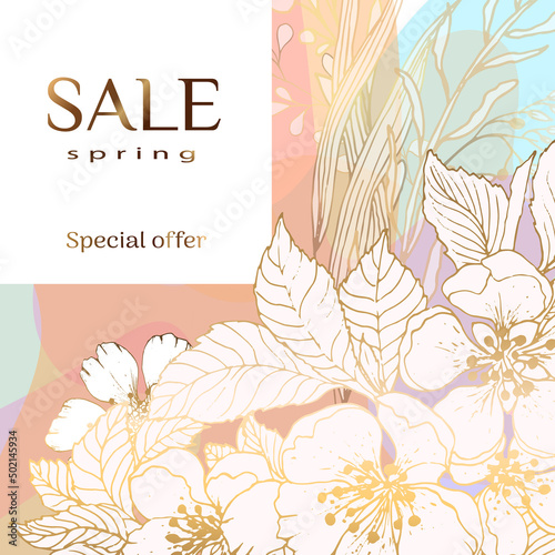 Summer sale banner background template with colorful pink background and cherry, apple tree flowers. Can use postcard and voucher, wallpaper, flyers, invitation, posters, social media card, brochure.