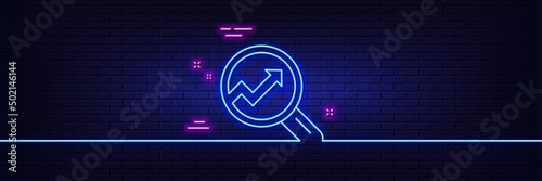 Neon light glow effect. Chart line icon. Report graph or Sales growth sign in Magnifying glass. Analysis and Statistics data symbol. 3d line neon glow icon. Brick wall banner. Vector