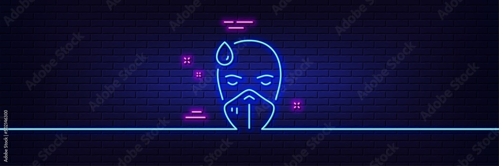Neon light glow effect. Sick man with medical mask line icon. Safety respiratory mask sign. Coronavirus face protection symbol. 3d line neon glow icon. Brick wall banner. Sick man outline. Vector Neon light glow effect. Sick man with medical mask line icon. Safety respiratory mask sign. Coronavirus face protection symbol. 3d line neon glow icon. Brick wall banner. Sick man outline. Vector