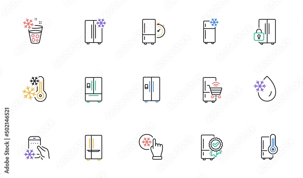 Fridge line icons set. Freezer storage, refrigerator, smart fridge machine. Water with ice, cooler box, thermometer icons. Wi-fi remote access, thermostat timer, smart freezer. Vector