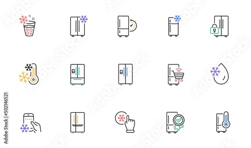 Fridge line icons set. Freezer storage, refrigerator, smart fridge machine. Water with ice, cooler box, thermometer icons. Wi-fi remote access, thermostat timer, smart freezer. Vector © blankstock