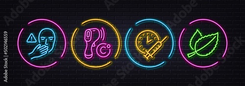 Dont touch, Vaccination schedule and Electronic thermometer minimal line icons. Neon laser 3d lights. Mint leaves icons. For web, application, printing. Vector