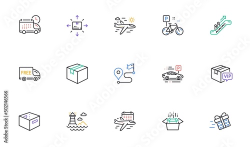Parcel, Office box and Delivery line icons for website, printing. Collection of Packing boxes, Bike, Vip parcel icons. Lighthouse, Present delivery, Select flight web elements. Vector