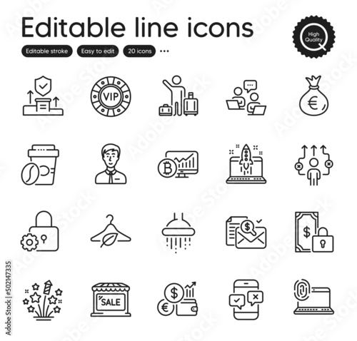 Set of Business outline icons. Contains icons as Vip chip, Security agency and Money bag elements. Slow fashion, Start business, Takeaway coffee web signs. Market sale, Fireworks stars. Vector