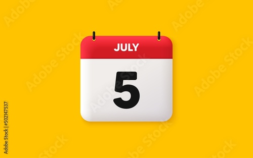 Calendar date 3d icon. 5th day of the month icon. Event schedule date. Meeting appointment time. Agenda plan, July month schedule 3d calendar and Time planner. 5th day day reminder. Vector