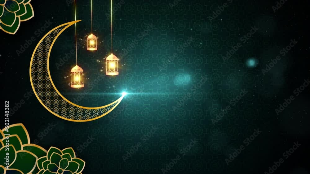 Green and gold color Eid mubarak islamic design concept with hanging ramadan candle lantern, Abstract background animation 4K