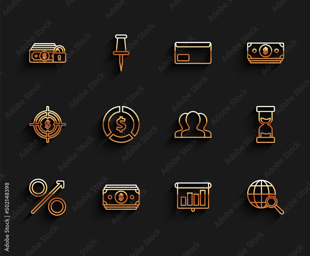 Set line Percent up arrow, schedule, chart, diagram, infographic, pie graph, Magnifying glass globe, Coin dollar symbol, Old hourglass flowing sand and Users group icon. Vector Set line Percent up arrow, schedule, chart, diagram, infographic, pie graph, Magnifying glass globe, Coin dollar symbol, Old hourglass flowing sand and Users group icon. Vector