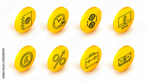 Set line Stacks paper money cash, Briefcase, Percent up arrow, Coin with pound sterling symbol, Computer monitor dollar, Money exchange, Clock 24 hours and Address book icon. Vector