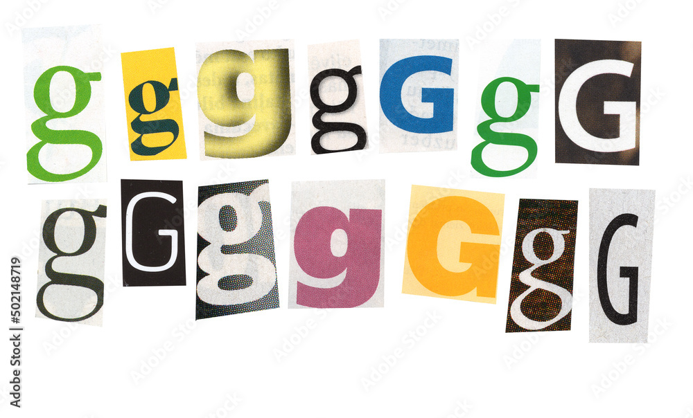 letter g magazine cut out font, ransom letter, isolated collage elements for text alphabet. hand made and cut, high quality scan. halftone pattern and texture detail. newspaper and scraps letter g magazine cut out font, ransom letter, isolated collage elements for text alphabet. hand made and cut, high quality scan. halftone pattern and texture detail. newspaper and scraps