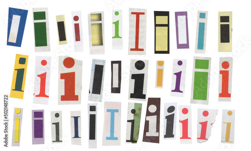 letter i magazine cut out font, ransom letter, isolated collage elements for text alphabet. hand made and cut, high quality scan. halftone pattern and texture detail. newspaper and scraps