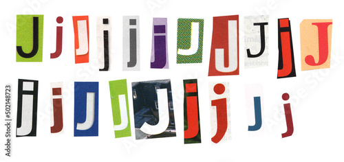 letter j magazine cut out font  ransom letter  isolated collage elements for text alphabet. hand made and cut  high quality scan. halftone pattern and texture detail. newspaper and scraps