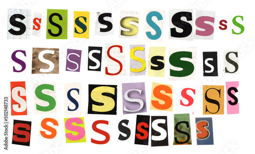 letter s magazine cut out font, ransom letter, isolated collage elements for text alphabet. hand made and cut, high quality scan. halftone pattern and texture detail. newspaper and scraps